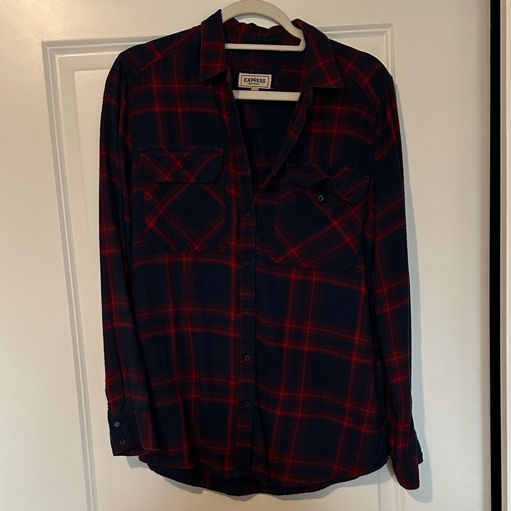 Express Navy and Red Plaid Shirt